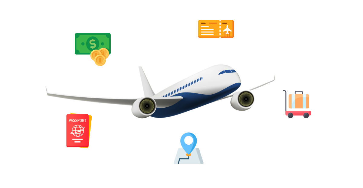 An Airplane Surrounded by 5 Sales Component Pictures that represents the Airline's Ancillary Sales