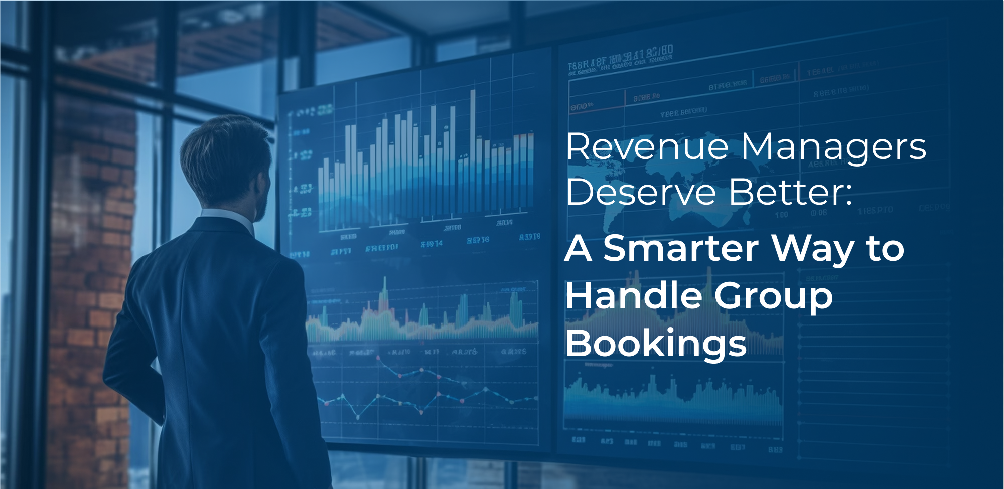 Revenue manager analyzing airline group booking data on digital dashboard, showcasing automated quoting system and group fare pricing tools that optimize revenue management team efficiency through group booking automation.